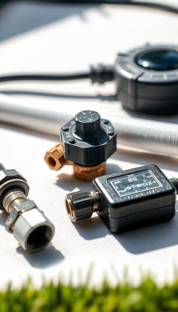 A detailed close-up view of various irrigation system components, including a sprinkler head, a valve, a water pipe, and a controller unit. The components are arranged neatly on a clean, neutral background, showcasing their intricate design and functionality. Bright, natural lighting illuminates the scene, creating a sense of clarity and precision. The image has a technical, yet visually appealing aesthetic, suitable for illustrating a section on the planning and installation of an automated irrigation system for a perfect garden. A detailed close-up view of various irrigation system components, including a sprinkler head, a valve, a water pipe, and a controller unit. The components are arranged neatly on a clean, neutral background, showcasing their intricate design and functionality. Bright, natural lighting illuminates the scene, creating a sense of clarity and precision. The image has a technical, yet visually appealing aesthetic, suitable for illustrating a section on the planning and installation of an automated irrigation system for a perfect garden.