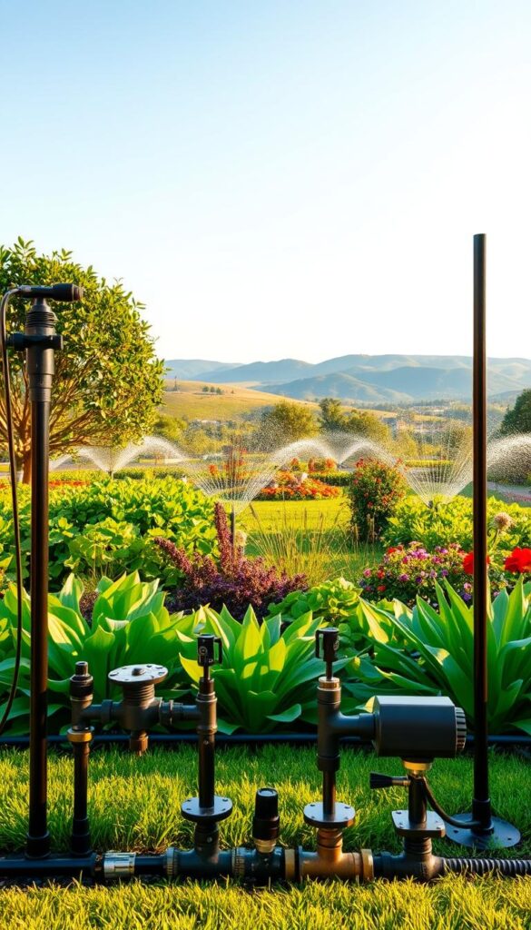 A detailed comparison of different automatic irrigation systems for a lush, well-manicured garden. The foreground showcases various irrigation components like sprinklers, drip lines, and valves, arranged neatly. The middle ground features a verdant, thriving garden with diverse flora, bathed in warm, golden afternoon light. The background depicts a tranquil, natural landscape with rolling hills and a clear sky, creating a serene, harmonious atmosphere. The overall scene conveys the efficiency and elegance of state-of-the-art automatic irrigation technologies for achieving a picture-perfect outdoor space. A detailed comparison of different automatic irrigation systems for a lush, well-manicured garden. The foreground showcases various irrigation components like sprinklers, drip lines, and valves, arranged neatly. The middle ground features a verdant, thriving garden with diverse flora, bathed in warm, golden afternoon light. The background depicts a tranquil, natural landscape with rolling hills and a clear sky, creating a serene, harmonious atmosphere. The overall scene conveys the efficiency and elegance of state-of-the-art automatic irrigation technologies for achieving a picture-perfect outdoor space.