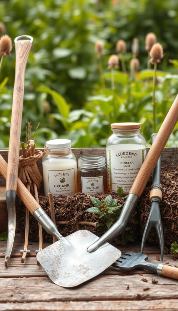 A detailed still life composition showcasing an assortment of rustic gardening tools used for weed control. In the foreground, a rake, hoe, and hand cultivator are arranged neatly against a weathered wooden surface, their metal parts gleaming under soft natural lighting. In the middle ground, various alternative weed removal methods are displayed, such as a bundle of organic mulch, a jar of vinegar-based solution, and a small hand-operated weeding tool. The background features a lush, verdant garden scene, hinting at the effectiveness of these manual and eco-friendly techniques in maintaining a healthy, weed-free landscape. The overall mood is one of simplicity, practicality, and a connection to traditional gardening methods. A detailed still life composition showcasing an assortment of rustic gardening tools used for weed control. In the foreground, a rake, hoe, and hand cultivator are arranged neatly against a weathered wooden surface, their metal parts gleaming under soft natural lighting. In the middle ground, various alternative weed removal methods are displayed, such as a bundle of organic mulch, a jar of vinegar-based solution, and a small hand-operated weeding tool. The background features a lush, verdant garden scene, hinting at the effectiveness of these manual and eco-friendly techniques in maintaining a healthy, weed-free landscape. The overall mood is one of simplicity, practicality, and a connection to traditional gardening methods.
