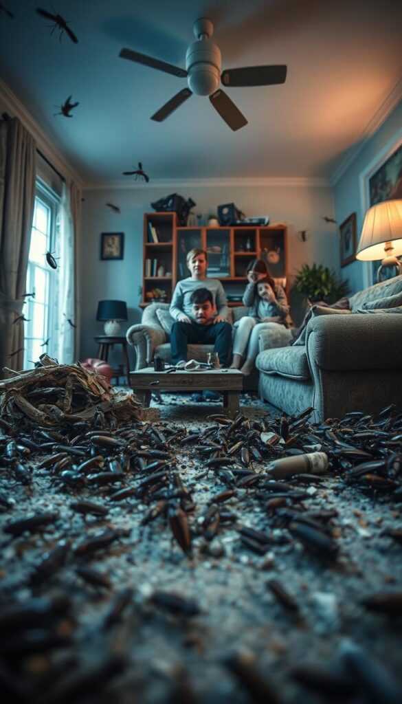 A disturbing scene of pest infestation ravaging a family's home. In the foreground, a swarm of insects, cockroaches, and rodents overrun the living room, crawling across furniture and floors. The middle ground shows the unsettling damage they've caused - torn upholstery, gnawed wood, and scattered debris. In the background, a distressed family watches helplessly, their expressions conveying the health concerns and emotional toll of the infestation. Dramatic, low-key lighting casts ominous shadows, heightening the sense of dread. Utilizing a wide-angle lens to capture the full scope of the problem, the image powerfully illustrates the pressing need to maintain a pest-free domestic environment. A disturbing scene of pest infestation ravaging a family's home. In the foreground, a swarm of insects, cockroaches, and rodents overrun the living room, crawling across furniture and floors. The middle ground shows the unsettling damage they've caused - torn upholstery, gnawed wood, and scattered debris. In the background, a distressed family watches helplessly, their expressions conveying the health concerns and emotional toll of the infestation. Dramatic, low-key lighting casts ominous shadows, heightening the sense of dread. Utilizing a wide-angle lens to capture the full scope of the problem, the image powerfully illustrates the pressing need to maintain a pest-free domestic environment.