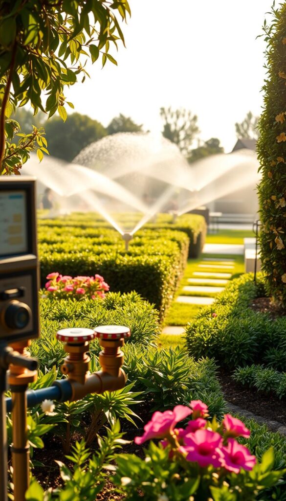 A lush, neatly manicured garden scene, with a sophisticated automatic irrigation system prominently featured. In the foreground, a close-up view showcases the control panel and valves of the irrigation system, surrounded by vibrant, healthy plants and flowers. The middle ground reveals a panoramic perspective of the well-tended garden, with strategically placed sprinklers and drip lines ensuring even distribution of water. In the background, a tranquil patio or seating area sets the stage for enjoying the beautifully maintained outdoor space. Warm, natural lighting bathes the scene, creating a serene and inviting atmosphere that embodies the essence of an effortless, high-performing automatic irrigation system for the perfect garden. A lush, neatly manicured garden scene, with a sophisticated automatic irrigation system prominently featured. In the foreground, a close-up view showcases the control panel and valves of the irrigation system, surrounded by vibrant, healthy plants and flowers. The middle ground reveals a panoramic perspective of the well-tended garden, with strategically placed sprinklers and drip lines ensuring even distribution of water. In the background, a tranquil patio or seating area sets the stage for enjoying the beautifully maintained outdoor space. Warm, natural lighting bathes the scene, creating a serene and inviting atmosphere that embodies the essence of an effortless, high-performing automatic irrigation system for the perfect garden.