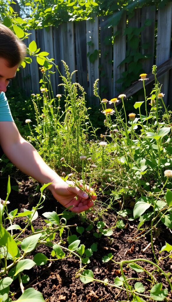A lush, overgrown garden at midday, sunlight streaming through the leaves. In the foreground, a person kneeling on the ground, hands firmly grasping the base of a weed, preparing to pull it out from the soil. The person's expression is focused, determined to eliminate the unwanted plant. In the middle ground, a variety of weeds and wildflowers intermingle, casting dynamic shadows. The background features a weathered wooden fence, partially obscured by verdant foliage. The scene conveys a sense of tranquility and the satisfying effort of maintaining a healthy, thriving garden. A lush, overgrown garden at midday, sunlight streaming through the leaves. In the foreground, a person kneeling on the ground, hands firmly grasping the base of a weed, preparing to pull it out from the soil. The person's expression is focused, determined to eliminate the unwanted plant. In the middle ground, a variety of weeds and wildflowers intermingle, casting dynamic shadows. The background features a weathered wooden fence, partially obscured by verdant foliage. The scene conveys a sense of tranquility and the satisfying effort of maintaining a healthy, thriving garden.