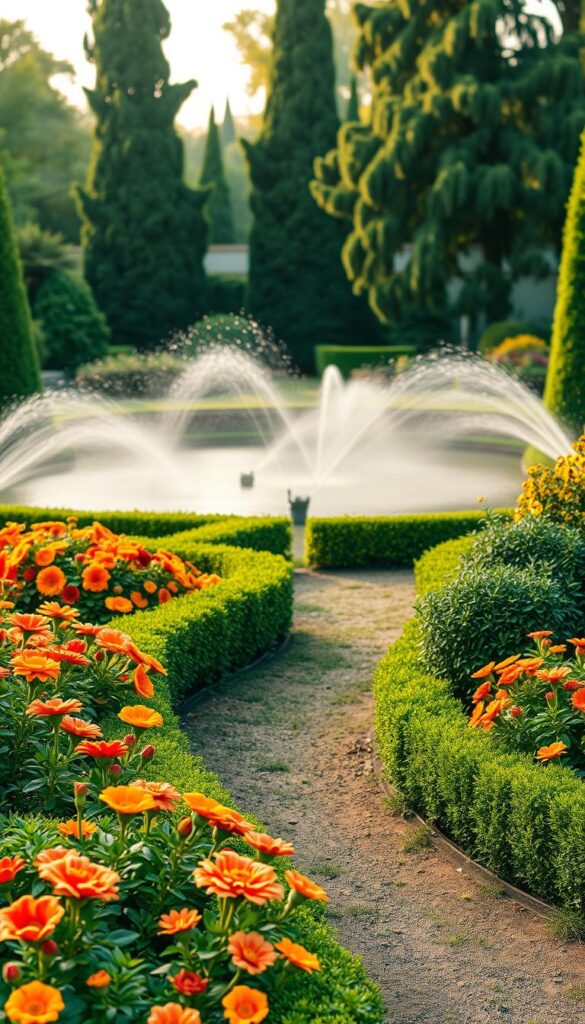A lush, verdant garden with an automated irrigation system showcasing its benefits. The foreground depicts neatly manicured flower beds, vibrant with blooms in warm hues. A path winds through the middle ground, flanked by neatly trimmed hedges and thriving shrubbery. In the background, a serene pond reflects the tranquil scene, surrounded by tall, graceful trees. Soft, diffused lighting casts a golden glow, creating a serene and inviting atmosphere. The overall composition highlights the harmony and effortless maintenance achieved through an automated watering system, perfectly encapsulating the "Beneficios y ventajas del riego automático" theme. A lush, verdant garden with an automated irrigation system showcasing its benefits. The foreground depicts neatly manicured flower beds, vibrant with blooms in warm hues. A path winds through the middle ground, flanked by neatly trimmed hedges and thriving shrubbery. In the background, a serene pond reflects the tranquil scene, surrounded by tall, graceful trees. Soft, diffused lighting casts a golden glow, creating a serene and inviting atmosphere. The overall composition highlights the harmony and effortless maintenance achieved through an automated watering system, perfectly encapsulating the "Beneficios y ventajas del riego automático" theme.
