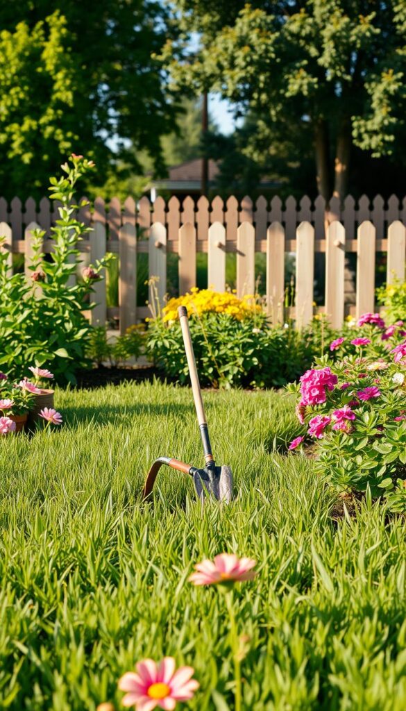 A well-manicured garden with lush green grass and vibrant flowers. In the foreground, a person in casual attire kneeling down, carefully tending to the weeds, using a long-handled tool to gently uproot them. The middle ground showcases a variety of verdant plants, their leaves rustling in a gentle breeze. In the background, a picturesque wooden fence and a few trees, casting a warm, natural light over the scene. The overall atmosphere conveys a sense of tranquility and a harmonious balance between nature and human intervention, reflecting the goal of effectively managing weeds in a visually pleasing garden. A well-manicured garden with lush green grass and vibrant flowers. In the foreground, a person in casual attire kneeling down, carefully tending to the weeds, using a long-handled tool to gently uproot them. The middle ground showcases a variety of verdant plants, their leaves rustling in a gentle breeze. In the background, a picturesque wooden fence and a few trees, casting a warm, natural light over the scene. The overall atmosphere conveys a sense of tranquility and a harmonious balance between nature and human intervention, reflecting the goal of effectively managing weeds in a visually pleasing garden.
