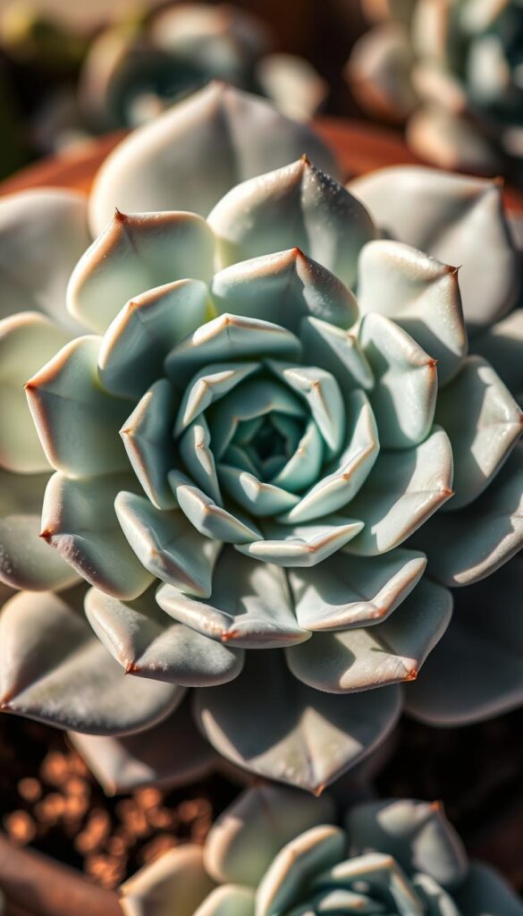 A close-up, high-resolution photograph of a Graptopetalum paraguayense succulent plant. The rosette-shaped leaves are a soft, powdery blue-green color, arranged in a symmetrical, overlapping pattern. The plant is illuminated by warm, natural lighting, casting gentle shadows that accentuate the intricate textures and contours of the leaves. The background is blurred, creating a sense of focus and emphasis on the captivating beauty of the succulent. The overall mood is one of serene elegance, inviting the viewer to appreciate the delicate, mesmerizing details of this stunning rosette plant. A close-up, high-resolution photograph of a Graptopetalum paraguayense succulent plant. The rosette-shaped leaves are a soft, powdery blue-green color, arranged in a symmetrical, overlapping pattern. The plant is illuminated by warm, natural lighting, casting gentle shadows that accentuate the intricate textures and contours of the leaves. The background is blurred, creating a sense of focus and emphasis on the captivating beauty of the succulent. The overall mood is one of serene elegance, inviting the viewer to appreciate the delicate, mesmerizing details of this stunning rosette plant.