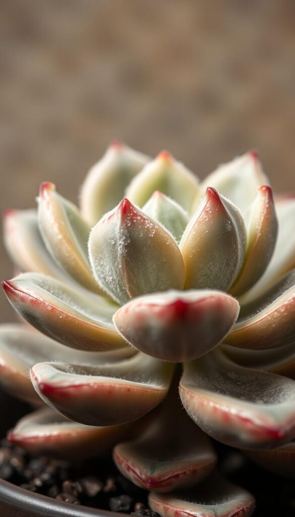 A close-up macro shot of a well-hydrated, plump succulent plant with a soft, delicate layer of pruina (waxy bloom) covering its leaves. The succulent is positioned against a muted, earthy background that complements its natural hues. Soft, diffused lighting gently illuminates the scene, highlighting the subtle textures and waxy sheen of the plant. The composition emphasizes the intricate details and lush, healthy appearance of the succulent, showcasing how it can be cleaned without disrupting the protective pruina layer. A close-up macro shot of a well-hydrated, plump succulent plant with a soft, delicate layer of pruina (waxy bloom) covering its leaves. The succulent is positioned against a muted, earthy background that complements its natural hues. Soft, diffused lighting gently illuminates the scene, highlighting the subtle textures and waxy sheen of the plant. The composition emphasizes the intricate details and lush, healthy appearance of the succulent, showcasing how it can be cleaned without disrupting the protective pruina layer.