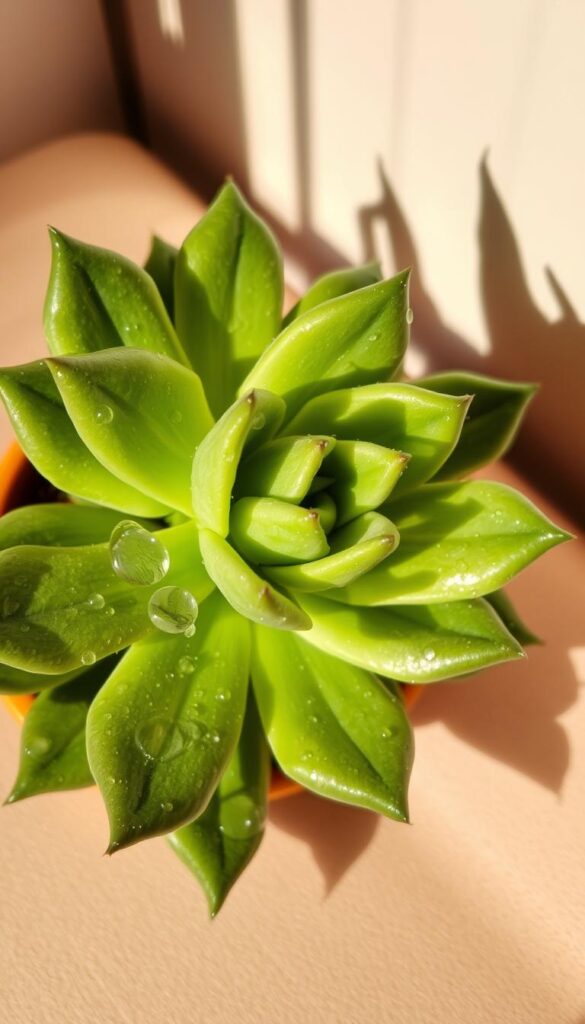A close-up shot of a well-cared-for succulent plant, its leaves glistening with water droplets after a gentle misting. The plant is positioned on a soft, neutral-colored surface, allowing its vibrant green hues and intricate patterns to take center stage. Warm, natural lighting from the side creates subtle shadows, accentuating the plant's unique texture and form. The image conveys a sense of tranquility and mindful attention to the delicate care of these resilient, low-maintenance houseplants. A close-up shot of a well-cared-for succulent plant, its leaves glistening with water droplets after a gentle misting. The plant is positioned on a soft, neutral-colored surface, allowing its vibrant green hues and intricate patterns to take center stage. Warm, natural lighting from the side creates subtle shadows, accentuating the plant's unique texture and form. The image conveys a sense of tranquility and mindful attention to the delicate care of these resilient, low-maintenance houseplants.
