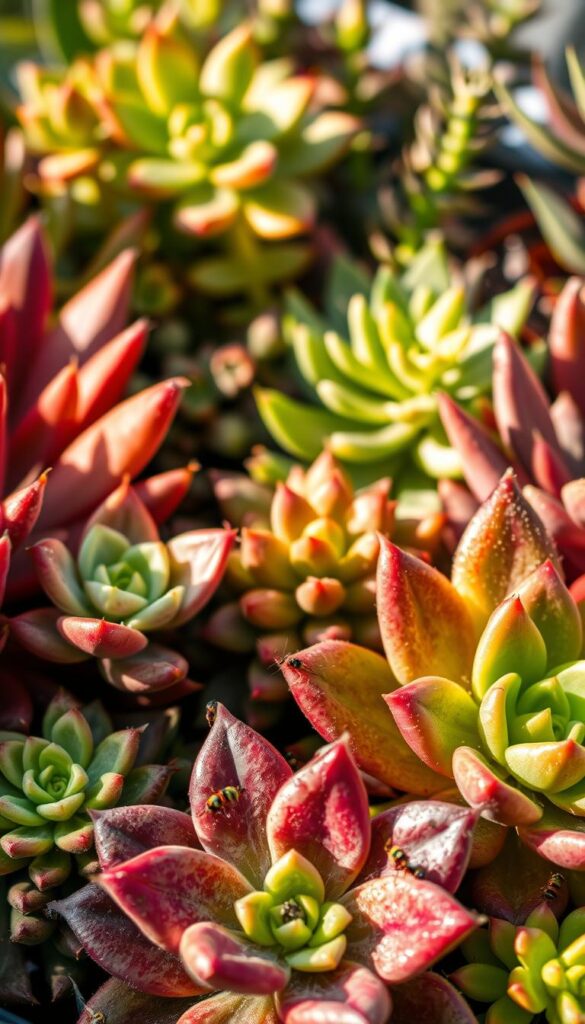 A lush, close-up view of various succulent plants, their vibrant leaves and stems arranged in a harmonious, organic composition. The scene is bathed in warm, diffused natural lighting, casting gentle shadows that accentuate the plants' intricate textures and shapes. In the foreground, a selection of common succulent pests, such as mealybugs and aphids, are depicted in detail, providing a clear visual reference for identification and treatment. The middle ground features a range of succulent varieties, each with its own unique color palette and growth patterns, suggesting the diverse nature of these resilient plants. The background is softly blurred, creating a sense of depth and focus on the central subject matter. The overall mood is one of educational clarity and botanical beauty, inviting the viewer to closely examine the delicate balance between succulents and their potential pests. A lush, close-up view of various succulent plants, their vibrant leaves and stems arranged in a harmonious, organic composition. The scene is bathed in warm, diffused natural lighting, casting gentle shadows that accentuate the plants' intricate textures and shapes. In the foreground, a selection of common succulent pests, such as mealybugs and aphids, are depicted in detail, providing a clear visual reference for identification and treatment. The middle ground features a range of succulent varieties, each with its own unique color palette and growth patterns, suggesting the diverse nature of these resilient plants. The background is softly blurred, creating a sense of depth and focus on the central subject matter. The overall mood is one of educational clarity and botanical beauty, inviting the viewer to closely examine the delicate balance between succulents and their potential pests.