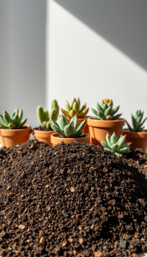A lush, healthy potting mix arranged in an artistic still life, conveying the ideal substrate for resilient plants. The foreground features a rich, dark-colored soil with visible organic matter and perlite for aeration. In the middle ground, vibrant succulents and cacti emerge from terracotta pots, their geometric forms contrasting with the organic substrate. Soft, natural lighting casts gentle shadows, creating depth and a sense of tranquility. The background is a minimalist, neutral-toned surface, allowing the potting mix and plants to be the focal point. The overall composition communicates the careful preparation and attention to detail required for a thriving, visually appealing succulent garden. A lush, healthy potting mix arranged in an artistic still life, conveying the ideal substrate for resilient plants. The foreground features a rich, dark-colored soil with visible organic matter and perlite for aeration. In the middle ground, vibrant succulents and cacti emerge from terracotta pots, their geometric forms contrasting with the organic substrate. Soft, natural lighting casts gentle shadows, creating depth and a sense of tranquility. The background is a minimalist, neutral-toned surface, allowing the potting mix and plants to be the focal point. The overall composition communicates the careful preparation and attention to detail required for a thriving, visually appealing succulent garden.