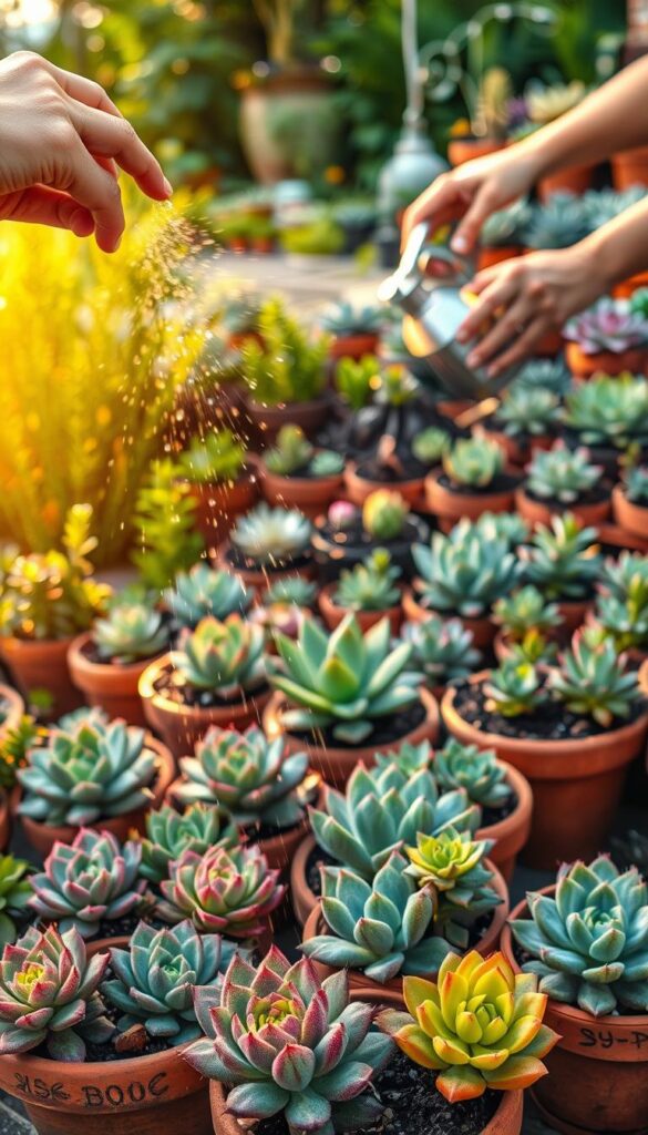 A lush, natural scene showcasing various techniques for watering succulent plants. In the foreground, a hand gently mists a collection of vibrant, plump succulents in terracotta pots, the water droplets catching the warm, diffused light. In the middle ground, a gardener carefully waters a larger succulent arrangement, the soil dark and rich. In the background, a tiered display of diverse succulents, each with unique shapes and textures, arranged in a visually striking composition. The scene is bathed in a soft, golden-hour glow, creating a serene, calming atmosphere that highlights the delicate care required for these resilient, low-maintenance plants. A lush, natural scene showcasing various techniques for watering succulent plants. In the foreground, a hand gently mists a collection of vibrant, plump succulents in terracotta pots, the water droplets catching the warm, diffused light. In the middle ground, a gardener carefully waters a larger succulent arrangement, the soil dark and rich. In the background, a tiered display of diverse succulents, each with unique shapes and textures, arranged in a visually striking composition. The scene is bathed in a soft, golden-hour glow, creating a serene, calming atmosphere that highlights the delicate care required for these resilient, low-maintenance plants.