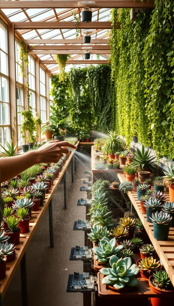 A lush, sun-drenched greenhouse interior, with rows of vibrant succulent plants arranged neatly on wooden shelves. Soft, diffused lighting filters in through large windows, casting gentle shadows and highlighting the intricate textures of the plant leaves. In the foreground, a gardener's hands carefully mist the plants, their movements precise and deliberate. The middle ground features a selection of potted succulents in various shapes and colors, some in the process of being pruned or transplanted. The background showcases an expansive wall of trailing vines and lush greenery, creating a sense of depth and tranquility. The overall atmosphere conveys a serene, harmonious balance between the plants and their caretaker. A lush, sun-drenched greenhouse interior, with rows of vibrant succulent plants arranged neatly on wooden shelves. Soft, diffused lighting filters in through large windows, casting gentle shadows and highlighting the intricate textures of the plant leaves. In the foreground, a gardener's hands carefully mist the plants, their movements precise and deliberate. The middle ground features a selection of potted succulents in various shapes and colors, some in the process of being pruned or transplanted. The background showcases an expansive wall of trailing vines and lush greenery, creating a sense of depth and tranquility. The overall atmosphere conveys a serene, harmonious balance between the plants and their caretaker.