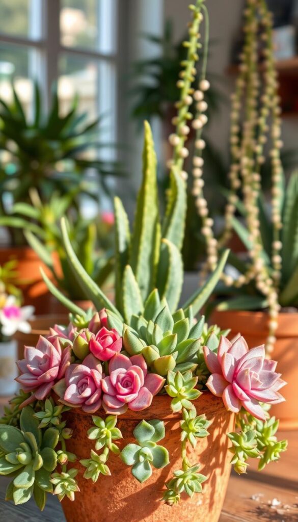 A lush, vibrant arrangement of easy-care succulents in a warm, natural light. In the foreground, a cluster of plump, geometric jade plants and delicate echeveria rosettes spill over the edges of a rustic terracotta pot. In the middle ground, a tall, slender snake plant and a bushy, trailing string of pearls add texture and height. The background features a softly blurred scene of other thriving, low-maintenance houseplants, bathed in the gentle glow of a large window. The overall composition conveys a sense of effortless, low-maintenance growth - an ideal representation of the joys of keeping succulents as a beginner gardener. A lush, vibrant arrangement of easy-care succulents in a warm, natural light. In the foreground, a cluster of plump, geometric jade plants and delicate echeveria rosettes spill over the edges of a rustic terracotta pot. In the middle ground, a tall, slender snake plant and a bushy, trailing string of pearls add texture and height. The background features a softly blurred scene of other thriving, low-maintenance houseplants, bathed in the gentle glow of a large window. The overall composition conveys a sense of effortless, low-maintenance growth - an ideal representation of the joys of keeping succulents as a beginner gardener.