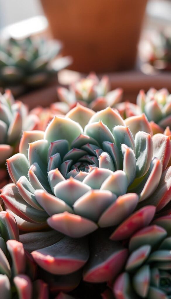 A lush, vibrant close-up of Sedum pachyphyllum, a succulent with thick, fleshy leaves that thrive in warm climates. The plant is bathed in soft, natural lighting, showcasing its velvety, blue-green hues and the intricate patterns of its leaves. The foreground is in sharp focus, drawing the viewer's attention to the plant's robust, compact structure and its ability to store water. The background is slightly blurred, creating a sense of depth and emphasizing the plant's central role. The overall mood is one of resilience and rapid growth, reflecting the title "Sedum Pachyphyllum: Resistencia y crecimiento rápido". A lush, vibrant close-up of Sedum pachyphyllum, a succulent with thick, fleshy leaves that thrive in warm climates. The plant is bathed in soft, natural lighting, showcasing its velvety, blue-green hues and the intricate patterns of its leaves. The foreground is in sharp focus, drawing the viewer's attention to the plant's robust, compact structure and its ability to store water. The background is slightly blurred, creating a sense of depth and emphasizing the plant's central role. The overall mood is one of resilience and rapid growth, reflecting the title "Sedum Pachyphyllum: Resistencia y crecimiento rápido".