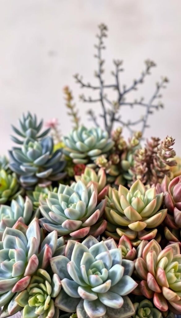A lush, vibrant display of diverse succulent plants against a softly blurred, neutral background. In the foreground, an arrangement of plump, geometric rosette shapes in shades of green, blue, and purple, their fleshy leaves catching the gentle sidelighting. In the middle ground, a variety of upright, branching succulents with interesting textures and forms, creating a layered, sculptural composition. The background is muted, allowing the succulents to take center stage and their unique characteristics to shine. The overall mood is one of natural elegance and botanical wonder, inviting the viewer to appreciate the intricate details and adaptations of these resilient, low-maintenance plants. A lush, vibrant display of diverse succulent plants against a softly blurred, neutral background. In the foreground, an arrangement of plump, geometric rosette shapes in shades of green, blue, and purple, their fleshy leaves catching the gentle sidelighting. In the middle ground, a variety of upright, branching succulents with interesting textures and forms, creating a layered, sculptural composition. The background is muted, allowing the succulents to take center stage and their unique characteristics to shine. The overall mood is one of natural elegance and botanical wonder, inviting the viewer to appreciate the intricate details and adaptations of these resilient, low-maintenance plants.