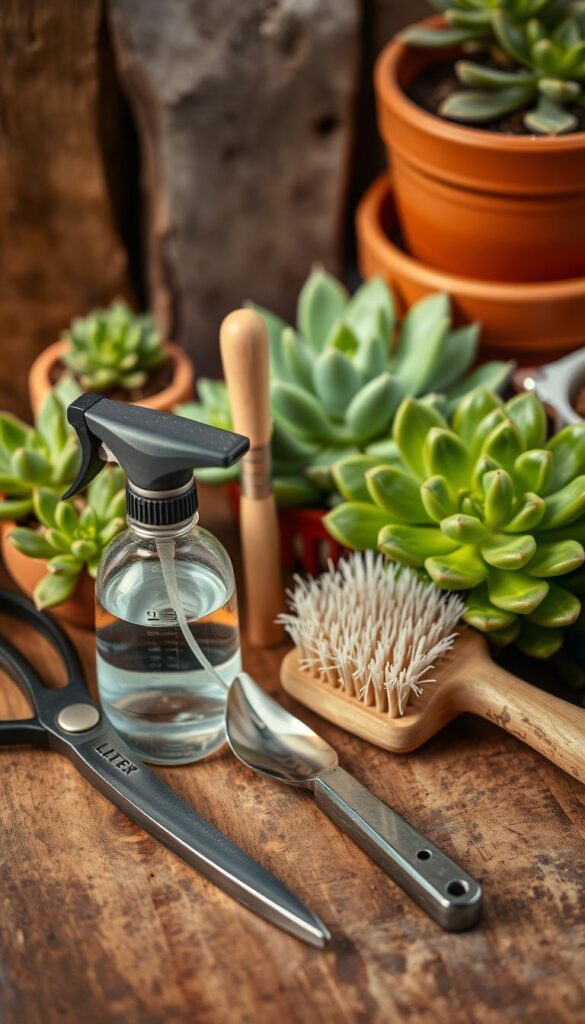 A neatly arranged collection of gardening tools on a wooden surface, their colors and textures evocative of the lush, vibrant world of succulents. In the foreground, a pair of pruning shears, their blades gleaming, alongside a small spray bottle filled with a gentle cleaning solution. In the middle ground, a soft-bristled brush and a small trowel, their handles polished and smooth. In the background, a backdrop of natural tones - weathered wood, earthy terracotta pots, and the lush, verdant leaves of thriving succulents. Soft, diffused lighting casts a warm, inviting glow, highlighting the care and attention these tools bring to the delicate task of cleaning and maintaining these resilient plants. A neatly arranged collection of gardening tools on a wooden surface, their colors and textures evocative of the lush, vibrant world of succulents. In the foreground, a pair of pruning shears, their blades gleaming, alongside a small spray bottle filled with a gentle cleaning solution. In the middle ground, a soft-bristled brush and a small trowel, their handles polished and smooth. In the background, a backdrop of natural tones - weathered wood, earthy terracotta pots, and the lush, verdant leaves of thriving succulents. Soft, diffused lighting casts a warm, inviting glow, highlighting the care and attention these tools bring to the delicate task of cleaning and maintaining these resilient plants.