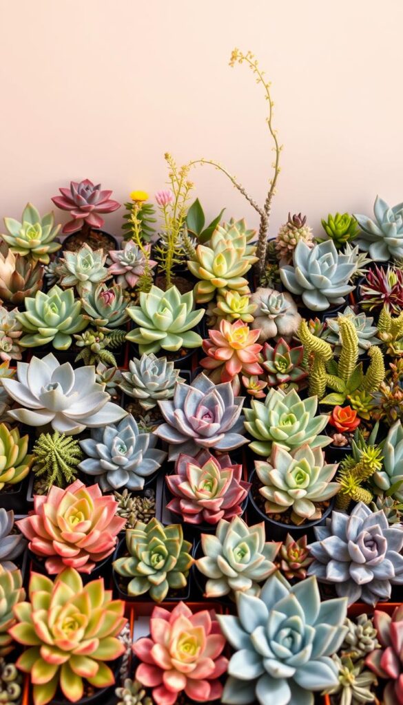 A neatly arranged display of diverse succulent species, showcasing a captivating array of shapes, textures, and colors. The foreground features a selection of popular beginner-friendly succulents, such as rosette-shaped Echeveria, plump Jade plants, and trailing Senecio. The middle ground introduces more unique varieties, including geometric Haworthia, vibrant Aeoniums, and delicate Crassula. The background subtly fades into a soft, neutral backdrop, allowing the succulents to take center stage. Warm, natural lighting gently illuminates the scene, highlighting the intricate details and vibrant hues of the plants. An inviting, serene atmosphere, perfect for showcasing the beauty and versatility of succulents suitable for novice gardeners. A neatly arranged display of diverse succulent species, showcasing a captivating array of shapes, textures, and colors. The foreground features a selection of popular beginner-friendly succulents, such as rosette-shaped Echeveria, plump Jade plants, and trailing Senecio. The middle ground introduces more unique varieties, including geometric Haworthia, vibrant Aeoniums, and delicate Crassula. The background subtly fades into a soft, neutral backdrop, allowing the succulents to take center stage. Warm, natural lighting gently illuminates the scene, highlighting the intricate details and vibrant hues of the plants. An inviting, serene atmosphere, perfect for showcasing the beauty and versatility of succulents suitable for novice gardeners.
