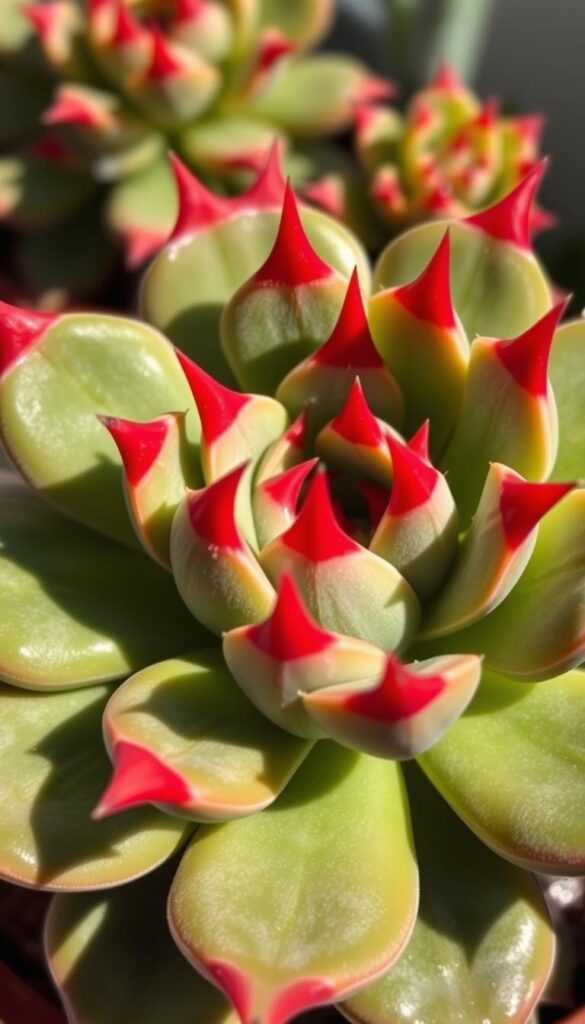 A vibrant and detailed close-up photograph of a Faucaria succulent plant, also known as Tiger's Jaws. The specimen is fully in focus, with its thick, fleshy, green leaves arranged in a rosette pattern and adorned with striking red-tipped teeth-like protrusions. The lighting is soft and directional, gently illuminating the plant's intricate textures and bringing out the depth and dimensionality of the leaves. The background is pleasantly blurred, allowing the Faucaria to be the undisputed focal point. The overall mood is one of tranquil beauty and the effortless grace of this low-maintenance, easy-to-care-for succulent variety. A vibrant and detailed close-up photograph of a Faucaria succulent plant, also known as Tiger's Jaws. The specimen is fully in focus, with its thick, fleshy, green leaves arranged in a rosette pattern and adorned with striking red-tipped teeth-like protrusions. The lighting is soft and directional, gently illuminating the plant's intricate textures and bringing out the depth and dimensionality of the leaves. The background is pleasantly blurred, allowing the Faucaria to be the undisputed focal point. The overall mood is one of tranquil beauty and the effortless grace of this low-maintenance, easy-to-care-for succulent variety.