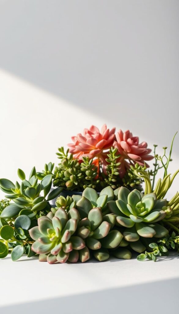 A vibrant, minimalist composition showcasing a harmonious arrangement of lush, verdant succulents. In the foreground, an array of varied shapes and textures, from the plump, spoon-shaped leaves of jade plants to the slender, cascading stems of string of pearls. The middle ground features a cluster of rosette-shaped echeverias, their delicate hues ranging from soft blush to deep burgundy. Backlit by gentle, diffused lighting, casting subtle shadows that accentuate the plants' sculptural forms. The background is a clean, white expanse, allowing the succulents to take center stage and creating a serene, gallery-like setting. The overall mood is one of natural elegance, inviting the viewer to appreciate the inherent beauty and tranquility of these resilient, low-maintenance plants. A vibrant, minimalist composition showcasing a harmonious arrangement of lush, verdant succulents. In the foreground, an array of varied shapes and textures, from the plump, spoon-shaped leaves of jade plants to the slender, cascading stems of string of pearls. The middle ground features a cluster of rosette-shaped echeverias, their delicate hues ranging from soft blush to deep burgundy. Backlit by gentle, diffused lighting, casting subtle shadows that accentuate the plants' sculptural forms. The background is a clean, white expanse, allowing the succulents to take center stage and creating a serene, gallery-like setting. The overall mood is one of natural elegance, inviting the viewer to appreciate the inherent beauty and tranquility of these resilient, low-maintenance plants.