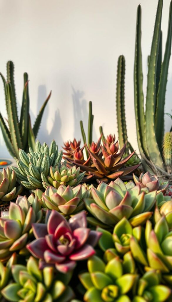 A vibrant, minimalist composition showcasing a variety of resilient, decorative succulents. In the foreground, a tight cluster of plump, geometrically-patterned leaves in shades of green, purple, and red. The middle ground features a selection of tall, columnar cacti and aloe vera plants, casting soft, warm shadows. In the background, a simple white wall provides a clean, uncluttered backdrop, allowing the plants to take center stage. The lighting is soft and diffused, creating a sense of tranquility and natural elegance. The overall mood is one of understated, earthy sophistication - a visually striking display that highlights the inherent beauty and low-maintenance qualities of these hardy, versatile plants. A vibrant, minimalist composition showcasing a variety of resilient, decorative succulents. In the foreground, a tight cluster of plump, geometrically-patterned leaves in shades of green, purple, and red. The middle ground features a selection of tall, columnar cacti and aloe vera plants, casting soft, warm shadows. In the background, a simple white wall provides a clean, uncluttered backdrop, allowing the plants to take center stage. The lighting is soft and diffused, creating a sense of tranquility and natural elegance. The overall mood is one of understated, earthy sophistication - a visually striking display that highlights the inherent beauty and low-maintenance qualities of these hardy, versatile plants.