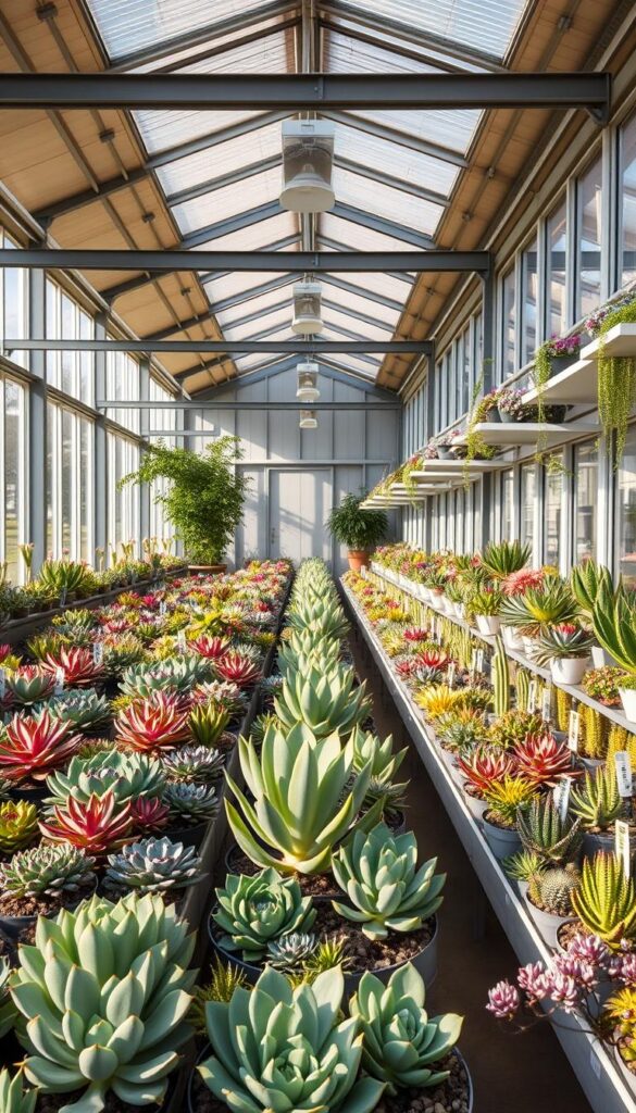 A well-lit greenhouse filled with thriving succulent plants, their fleshy leaves and stems bathed in soft, natural light from large, floor-to-ceiling windows. The arrangement is thoughtfully curated, with various species and colors complementing each other in a harmonious display. Sleek, modern shelving units line the walls, providing ample space for the succulents to bask in the perfect conditions. The lighting is subtle yet impactful, casting gentle shadows and highlights that accentuate the unique textures and shapes of the plants. The atmosphere is serene and inviting, showcasing the beauty of these low-maintenance, drought-tolerant plants in their optimal setting. A well-lit greenhouse filled with thriving succulent plants, their fleshy leaves and stems bathed in soft, natural light from large, floor-to-ceiling windows. The arrangement is thoughtfully curated, with various species and colors complementing each other in a harmonious display. Sleek, modern shelving units line the walls, providing ample space for the succulents to bask in the perfect conditions. The lighting is subtle yet impactful, casting gentle shadows and highlights that accentuate the unique textures and shapes of the plants. The atmosphere is serene and inviting, showcasing the beauty of these low-maintenance, drought-tolerant plants in their optimal setting.