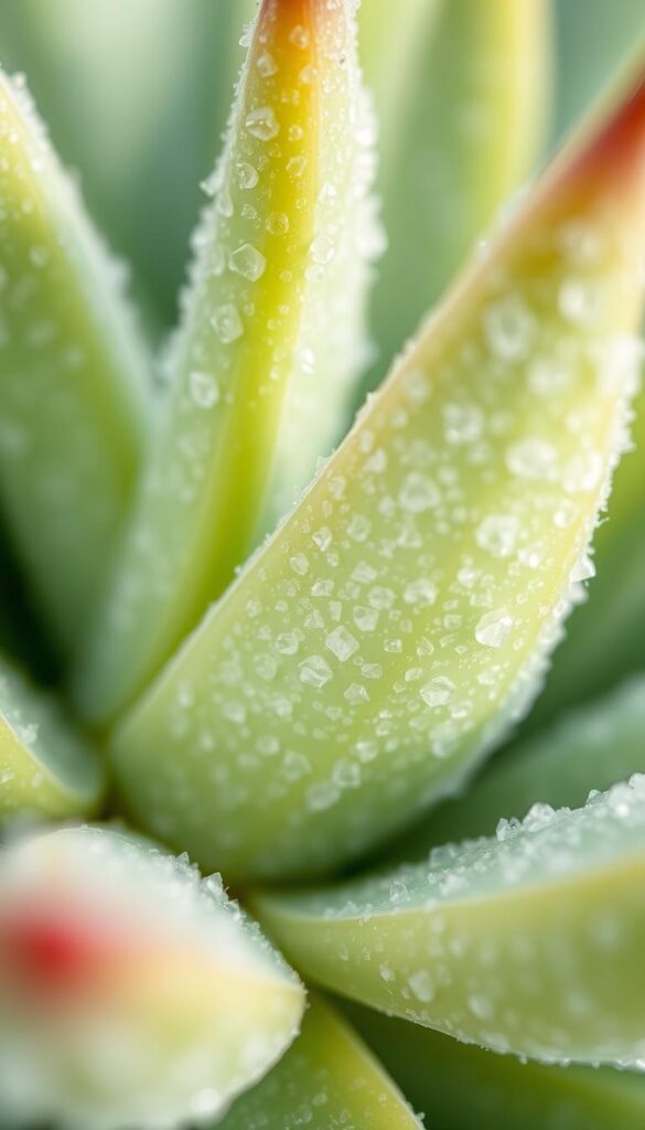 Close-up macro shot of delicate waxy bloom or pruina on the surface of succulent plant leaves, providing a protective coating. The leaves are vibrant green with a subtle silvery-blue hue, conveying a sense of natural wonder. Diffused, soft natural lighting illuminates the intricate texture and crystalline pattern of the pruina. The composition focuses tightly on the leaf details, emphasizing the tactile quality and delicate nature of this unique botanical adaptation. The image has a serene, almost otherworldly aesthetic, highlighting the beauty and function of this specialized plant structure. Close-up macro shot of delicate waxy bloom or pruina on the surface of succulent plant leaves, providing a protective coating. The leaves are vibrant green with a subtle silvery-blue hue, conveying a sense of natural wonder. Diffused, soft natural lighting illuminates the intricate texture and crystalline pattern of the pruina. The composition focuses tightly on the leaf details, emphasizing the tactile quality and delicate nature of this unique botanical adaptation. The image has a serene, almost otherworldly aesthetic, highlighting the beauty and function of this specialized plant structure.