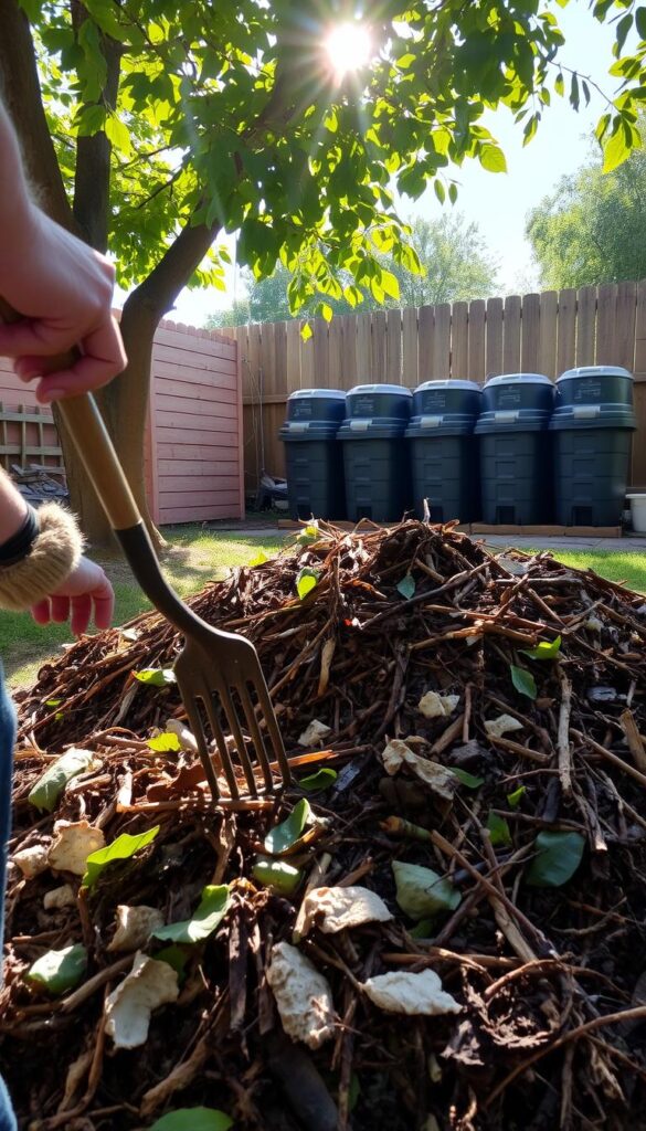 A backyard compost pile, its layers carefully constructed with brown and green organic matter. Sunlight filters through the leaves of a nearby tree, casting a warm glow on the scene. In the foreground, a person uses a pitchfork to aerate the compost, their movements deliberate and thoughtful. The middle ground showcases the various stages of decomposition, with partially broken-down materials mingling with fresh additions. In the background, a neatly organized array of compost bins stands as a testament to the homeowner's commitment to sustainable gardening practices. The overall atmosphere is one of productivity, harmony, and a deep connection to the natural cycle of life. A backyard compost pile, its layers carefully constructed with brown and green organic matter. Sunlight filters through the leaves of a nearby tree, casting a warm glow on the scene. In the foreground, a person uses a pitchfork to aerate the compost, their movements deliberate and thoughtful. The middle ground showcases the various stages of decomposition, with partially broken-down materials mingling with fresh additions. In the background, a neatly organized array of compost bins stands as a testament to the homeowner's commitment to sustainable gardening practices. The overall atmosphere is one of productivity, harmony, and a deep connection to the natural cycle of life.