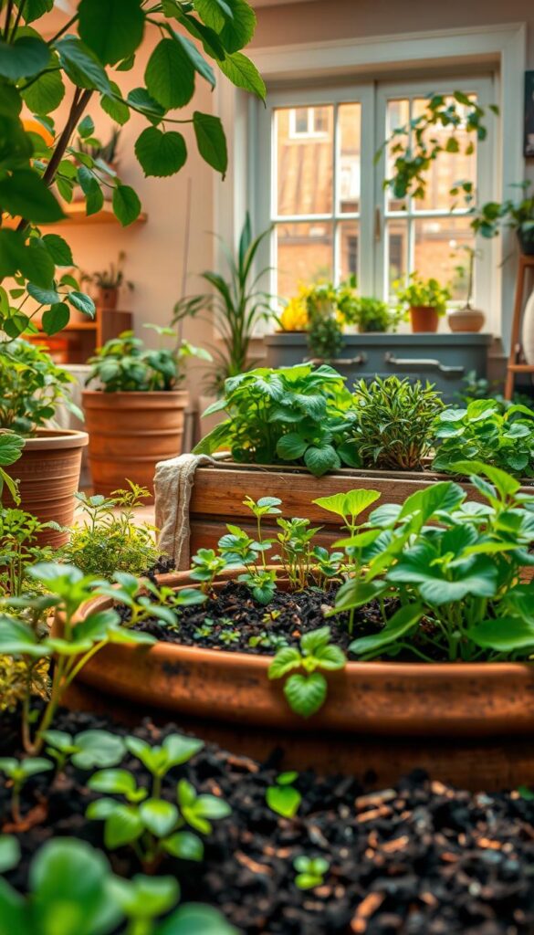 A beautifully rendered scene depicting the benefits of home composting. In the foreground, a lush, verdant garden bursting with thriving plants and vegetables, nourished by the rich, dark compost in the earthen planter. The midground showcases an idyllic kitchen garden, with vibrant leafy greens and fragrant herbs, all flourishing thanks to the nutrient-dense compost. In the background, a cozy, well-lit interior space with a large window, where a modest compost bin sits, surrounded by houseplants, all contributing to a harmonious, eco-friendly living environment. Warm, soft lighting illuminates the scene, creating a serene, inviting atmosphere that highlights the sustainable benefits of composting at home. A beautifully rendered scene depicting the benefits of home composting. In the foreground, a lush, verdant garden bursting with thriving plants and vegetables, nourished by the rich, dark compost in the earthen planter. The midground showcases an idyllic kitchen garden, with vibrant leafy greens and fragrant herbs, all flourishing thanks to the nutrient-dense compost. In the background, a cozy, well-lit interior space with a large window, where a modest compost bin sits, surrounded by houseplants, all contributing to a harmonious, eco-friendly living environment. Warm, soft lighting illuminates the scene, creating a serene, inviting atmosphere that highlights the sustainable benefits of composting at home.
