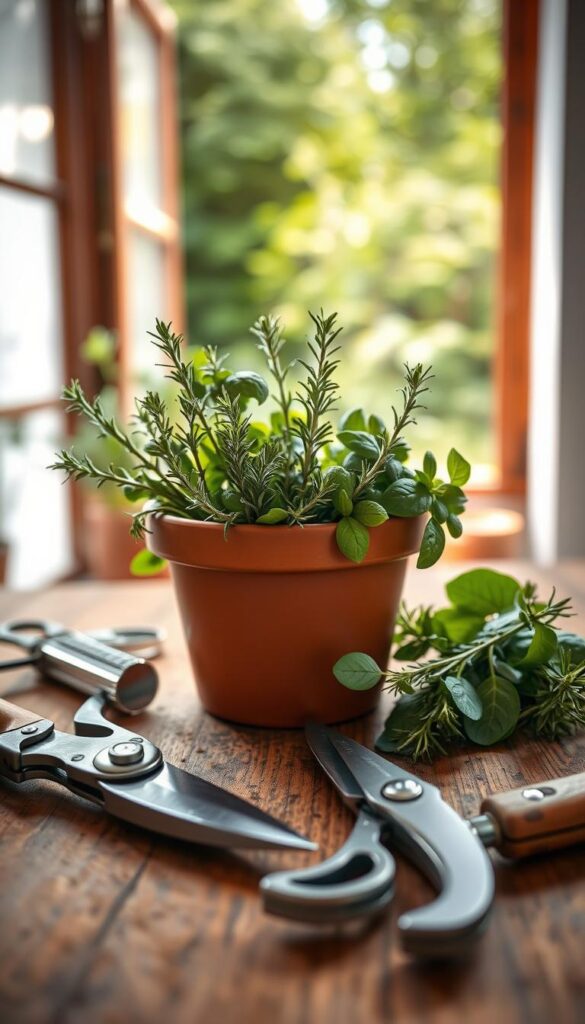 A close-up shot of a wooden table or workbench showcasing an assortment of high-quality gardening tools used for harvesting aromatic herbs. In the foreground, a pair of sharp pruning shears, a small serrated knife, and a pair of delicate herb scissors are neatly arranged. In the middle ground, a terracotta pot filled with freshly harvested sprigs of fragrant thyme, rosemary, and basil takes center stage, bathed in soft, natural lighting. In the background, a lush, verdant herb garden can be seen through a window, creating a sense of tranquility and connection to nature. The overall mood is one of preparation, precision, and the joy of tending to a thriving, homegrown herb garden. A close-up shot of a wooden table or workbench showcasing an assortment of high-quality gardening tools used for harvesting aromatic herbs. In the foreground, a pair of sharp pruning shears, a small serrated knife, and a pair of delicate herb scissors are neatly arranged. In the middle ground, a terracotta pot filled with freshly harvested sprigs of fragrant thyme, rosemary, and basil takes center stage, bathed in soft, natural lighting. In the background, a lush, verdant herb garden can be seen through a window, creating a sense of tranquility and connection to nature. The overall mood is one of preparation, precision, and the joy of tending to a thriving, homegrown herb garden.