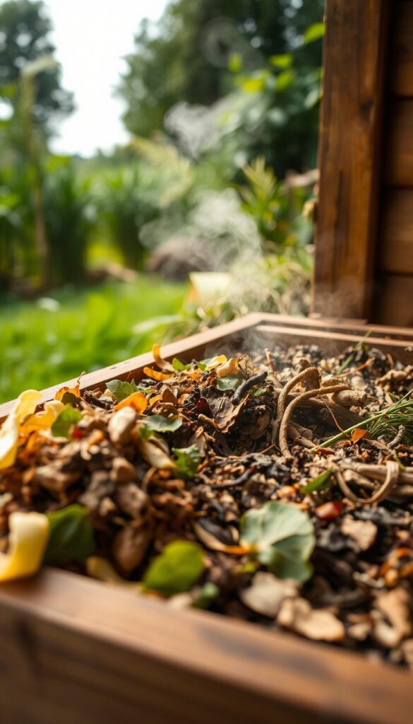 A close-up view of a multi-step home composting process, with vivid details and a natural, earthy aesthetic. In the foreground, various organic materials like fruit peels, leaves, and grass clippings are meticulously layered in a wooden compost bin. The mid-ground showcases the gradual decomposition, with steam rising from the active compost pile, indicating the ongoing biological transformation. In the background, a lush, verdant garden setting provides a serene, rural backdrop, emphasizing the sustainable, eco-friendly nature of the homemade composting endeavor. Warm, diffused lighting gently illuminates the scene, creating a cozy, inviting atmosphere that evokes the patience and care required for successful home composting. A close-up view of a multi-step home composting process, with vivid details and a natural, earthy aesthetic. In the foreground, various organic materials like fruit peels, leaves, and grass clippings are meticulously layered in a wooden compost bin. The mid-ground showcases the gradual decomposition, with steam rising from the active compost pile, indicating the ongoing biological transformation. In the background, a lush, verdant garden setting provides a serene, rural backdrop, emphasizing the sustainable, eco-friendly nature of the homemade composting endeavor. Warm, diffused lighting gently illuminates the scene, creating a cozy, inviting atmosphere that evokes the patience and care required for successful home composting.
