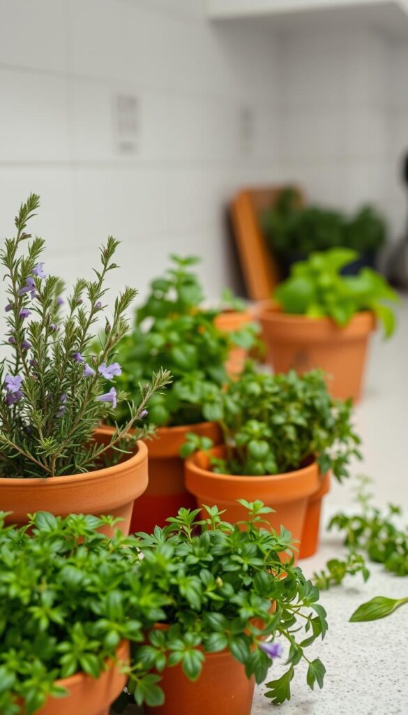 A cozy kitchen counter showcases an arrangement of fragrant aromatic herbs. In the foreground, a selection of fresh rosemary, thyme, and oregano plants sit in terracotta pots, their vibrant green leaves and delicate purple flowers adding a touch of natural beauty. In the middle ground, a few sprigs of basil and parsley add pops of verdant hues, their scents mingling together. The background features a minimalist, light-filled setting, with soft, diffused natural lighting illuminating the scene. The overall atmosphere evokes a sense of domestic tranquility and the joy of cultivating and utilizing homegrown herbs in the culinary process. A cozy kitchen counter showcases an arrangement of fragrant aromatic herbs. In the foreground, a selection of fresh rosemary, thyme, and oregano plants sit in terracotta pots, their vibrant green leaves and delicate purple flowers adding a touch of natural beauty. In the middle ground, a few sprigs of basil and parsley add pops of verdant hues, their scents mingling together. The background features a minimalist, light-filled setting, with soft, diffused natural lighting illuminating the scene. The overall atmosphere evokes a sense of domestic tranquility and the joy of cultivating and utilizing homegrown herbs in the culinary process.
