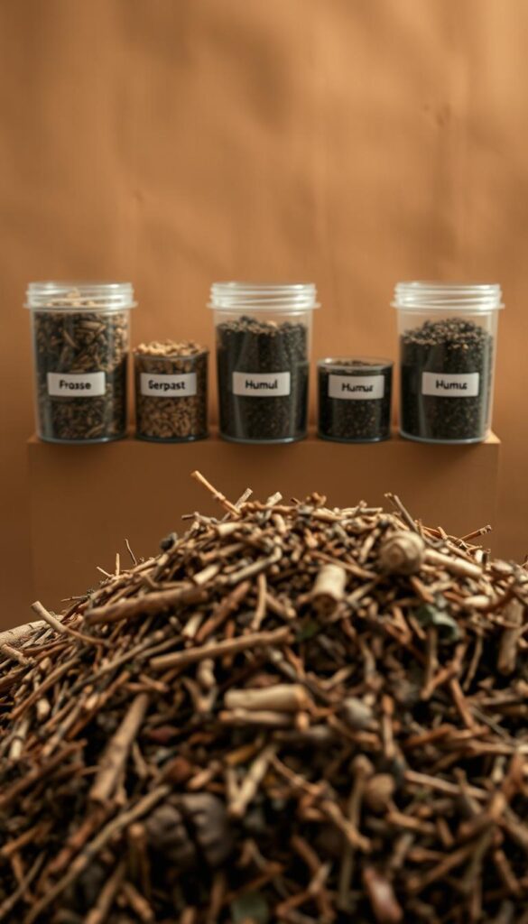 A detailed, high-resolution image depicting the stages of the composting process. In the foreground, a cross-section of a compost pile showcases the various layers, from the coarse, woody materials at the bottom to the finer, decomposing organic matter above. The middle ground features a sequence of labeled containers, each representing a distinct phase of the composting cycle - from the initial collection of raw materials to the final, nutrient-rich humus. The background is a warm, earthy tone, with subtle shadows and soft lighting that creates a natural, organic atmosphere. The overall composition highlights the intricate, transformative nature of the composting process, providing a visually informative illustration for the article's section on the composting phases and their inner workings. A detailed, high-resolution image depicting the stages of the composting process. In the foreground, a cross-section of a compost pile showcases the various layers, from the coarse, woody materials at the bottom to the finer, decomposing organic matter above. The middle ground features a sequence of labeled containers, each representing a distinct phase of the composting cycle - from the initial collection of raw materials to the final, nutrient-rich humus. The background is a warm, earthy tone, with subtle shadows and soft lighting that creates a natural, organic atmosphere. The overall composition highlights the intricate, transformative nature of the composting process, providing a visually informative illustration for the article's section on the composting phases and their inner workings.
