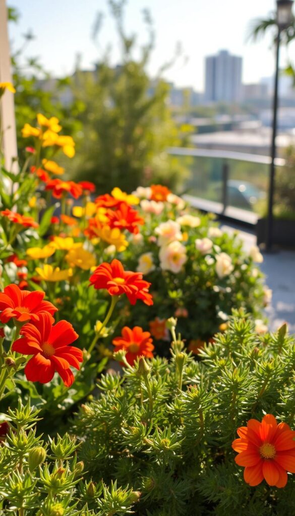 A lush outdoor garden, bathed in warm afternoon sunlight. In the foreground, vibrant flowering plants sway gently in a light breeze - bold reds, vivid yellows, and soft pastel hues creating a captivating color palette. Mid-ground, textured foliage in shades of green, with interesting shapes and patterns, frames the scene. In the background, a blurred urban landscape hints at the setting, providing context. The overall impression is one of beauty, tranquility, and the perfect balance of nature and city living. A lush outdoor garden, bathed in warm afternoon sunlight. In the foreground, vibrant flowering plants sway gently in a light breeze - bold reds, vivid yellows, and soft pastel hues creating a captivating color palette. Mid-ground, textured foliage in shades of green, with interesting shapes and patterns, frames the scene. In the background, a blurred urban landscape hints at the setting, providing context. The overall impression is one of beauty, tranquility, and the perfect balance of nature and city living.