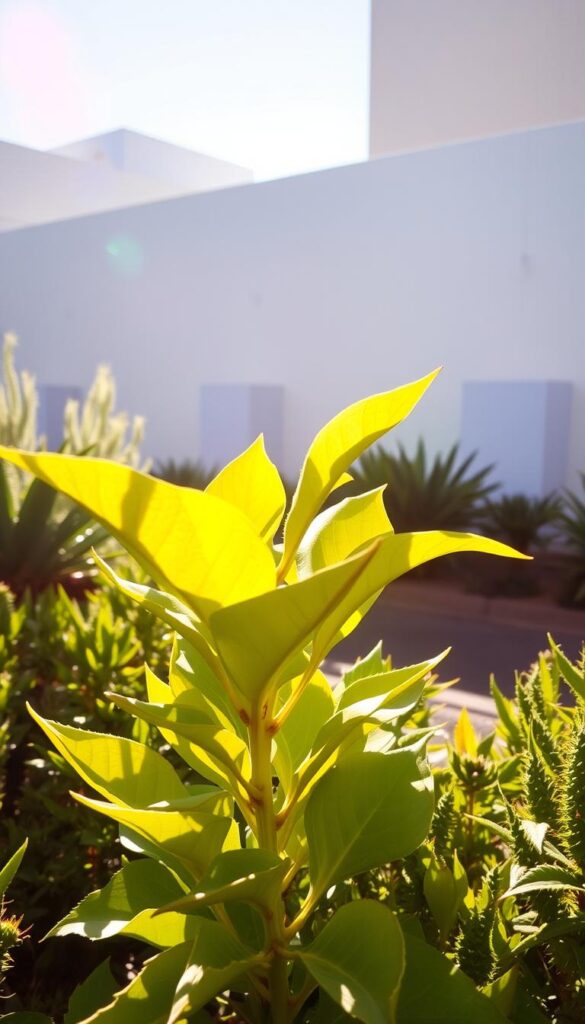 A lush, sun-drenched garden scene, with a vibrant, sun-loving plant, its broad leaves catching the warm rays. Crisp, high-contrast lighting illuminates the subject, casting sharp shadows and highlights that emphasize the plant's robust, drought-resistant structure. The background features a minimalist, urban setting, hinting at the resilience required for thriving in a city environment. The overall composition conveys a sense of resilience, adaptability, and the triumph of nature over the challenges of an arid, sun-exposed landscape. A lush, sun-drenched garden scene, with a vibrant, sun-loving plant, its broad leaves catching the warm rays. Crisp, high-contrast lighting illuminates the subject, casting sharp shadows and highlights that emphasize the plant's robust, drought-resistant structure. The background features a minimalist, urban setting, hinting at the resilience required for thriving in a city environment. The overall composition conveys a sense of resilience, adaptability, and the triumph of nature over the challenges of an arid, sun-exposed landscape.