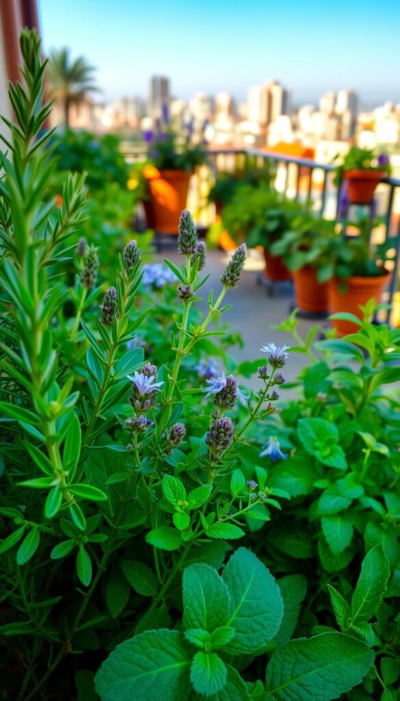A lush, urban garden filled with vibrant, aromatic herbs. In the foreground, a close-up view of various leafy greens and delicate flowers - rosemary, thyme, lavender, and mint - their scents mingling in the warm, natural light. In the middle ground, a terrace or balcony setting, with terracotta pots and hanging baskets overflowing with more fragrant foliage. The background features a cityscape, hinting at the juxtaposition of nature and modern living. The scene is captured with a soft, focus, creating a sense of intimacy and tranquility, inviting the viewer to lean in and experience the sights, scents, and flavors of this urban oasis. A lush, urban garden filled with vibrant, aromatic herbs. In the foreground, a close-up view of various leafy greens and delicate flowers - rosemary, thyme, lavender, and mint - their scents mingling in the warm, natural light. In the middle ground, a terrace or balcony setting, with terracotta pots and hanging baskets overflowing with more fragrant foliage. The background features a cityscape, hinting at the juxtaposition of nature and modern living. The scene is captured with a soft, focus, creating a sense of intimacy and tranquility, inviting the viewer to lean in and experience the sights, scents, and flavors of this urban oasis.