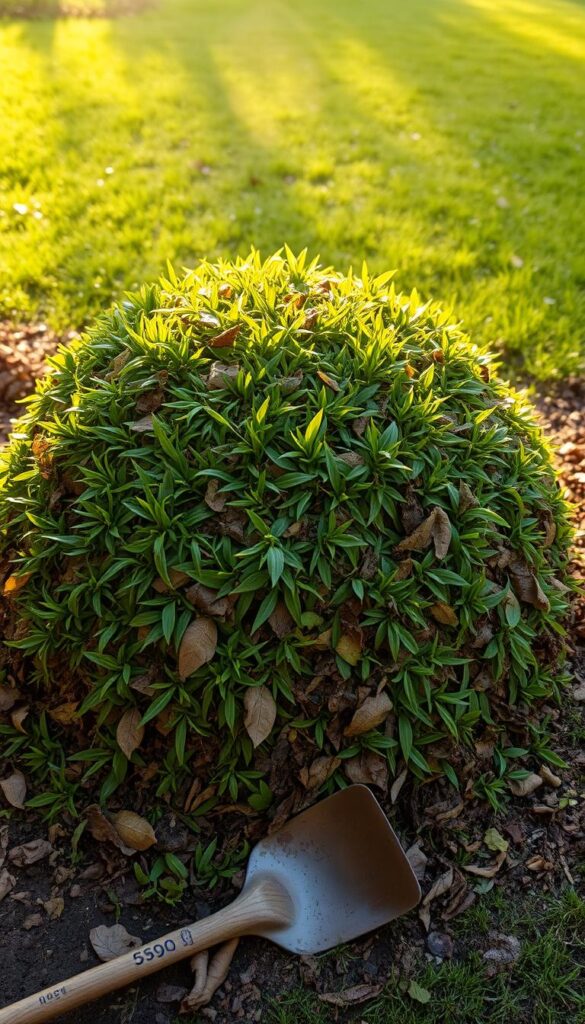 A lush, verdant compost pile rests in perfect equilibrium, its layers of freshly cut grass, fallen leaves, and organic matter meticulously arranged. Sunlight filters through the canopy, casting a warm, golden glow that accentuates the rich, earthy tones. The pile's symmetry is maintained by careful turning and aeration, creating an orderly, harmonious composition. In the foreground, a shovel lies nearby, a testament to the diligent maintenance required to nurture this delicate balance. The background features a well-tended lawn, suggesting the ongoing cycle of growth, decay, and renewal that lies at the heart of successful composting. An atmospheric, cinematic quality pervades the scene, inviting the viewer to appreciate the subtle beauty and importance of this sustainable gardening practice. A lush, verdant compost pile rests in perfect equilibrium, its layers of freshly cut grass, fallen leaves, and organic matter meticulously arranged. Sunlight filters through the canopy, casting a warm, golden glow that accentuates the rich, earthy tones. The pile's symmetry is maintained by careful turning and aeration, creating an orderly, harmonious composition. In the foreground, a shovel lies nearby, a testament to the diligent maintenance required to nurture this delicate balance. The background features a well-tended lawn, suggesting the ongoing cycle of growth, decay, and renewal that lies at the heart of successful composting. An atmospheric, cinematic quality pervades the scene, inviting the viewer to appreciate the subtle beauty and importance of this sustainable gardening practice.