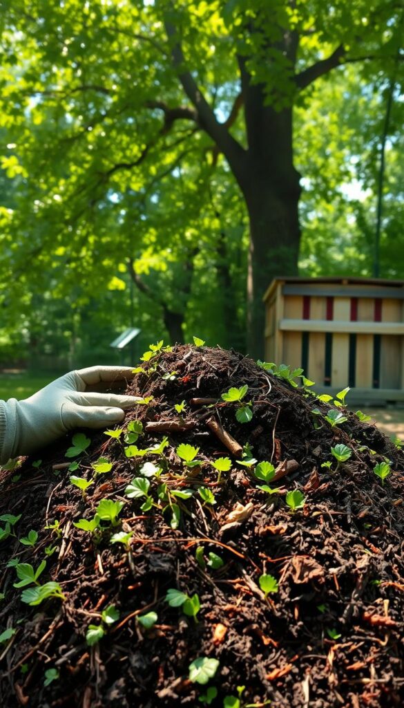 A lush, verdant compost pile takes center stage, its layers of organic matter and soil teeming with life. In the foreground, a pair of gloved hands tenderly turn the mixture, releasing a earthy aroma. Sunlight filters through the canopy of leafy trees overhead, casting a warm, natural glow on the scene. In the background, a simple wooden bin stands ready to receive the finished compost, a testament to the sustainable cycle of growth and renewal. The image conveys a sense of harmony, where human stewardship and the rhythms of nature come together in a delicate balance. A lush, verdant compost pile takes center stage, its layers of organic matter and soil teeming with life. In the foreground, a pair of gloved hands tenderly turn the mixture, releasing a earthy aroma. Sunlight filters through the canopy of leafy trees overhead, casting a warm, natural glow on the scene. In the background, a simple wooden bin stands ready to receive the finished compost, a testament to the sustainable cycle of growth and renewal. The image conveys a sense of harmony, where human stewardship and the rhythms of nature come together in a delicate balance.