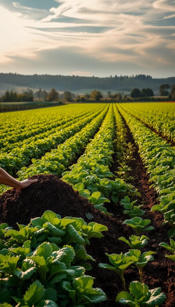 A lush, verdant farm field, with rows of thriving crops stretching towards the horizon. In the foreground, a farmer carefully incorporates a rich, dark compost into the soil, nurturing the land and ensuring bountiful yields. Soft, warm sunlight filters through wispy clouds, casting a gentle glow over the scene. The air is filled with the earthy scent of the compost, mingling with the fresh, green notes of the growing plants. In the middle ground, a diversity of healthy, vibrant plants stands tall, their leaves rustling in a light breeze. In the background, a rolling landscape of hills and trees frames the idyllic agricultural setting. The overall mood is one of harmony, productivity, and the deep connection between sustainable farming practices and the natural world. A lush, verdant farm field, with rows of thriving crops stretching towards the horizon. In the foreground, a farmer carefully incorporates a rich, dark compost into the soil, nurturing the land and ensuring bountiful yields. Soft, warm sunlight filters through wispy clouds, casting a gentle glow over the scene. The air is filled with the earthy scent of the compost, mingling with the fresh, green notes of the growing plants. In the middle ground, a diversity of healthy, vibrant plants stands tall, their leaves rustling in a light breeze. In the background, a rolling landscape of hills and trees frames the idyllic agricultural setting. The overall mood is one of harmony, productivity, and the deep connection between sustainable farming practices and the natural world.