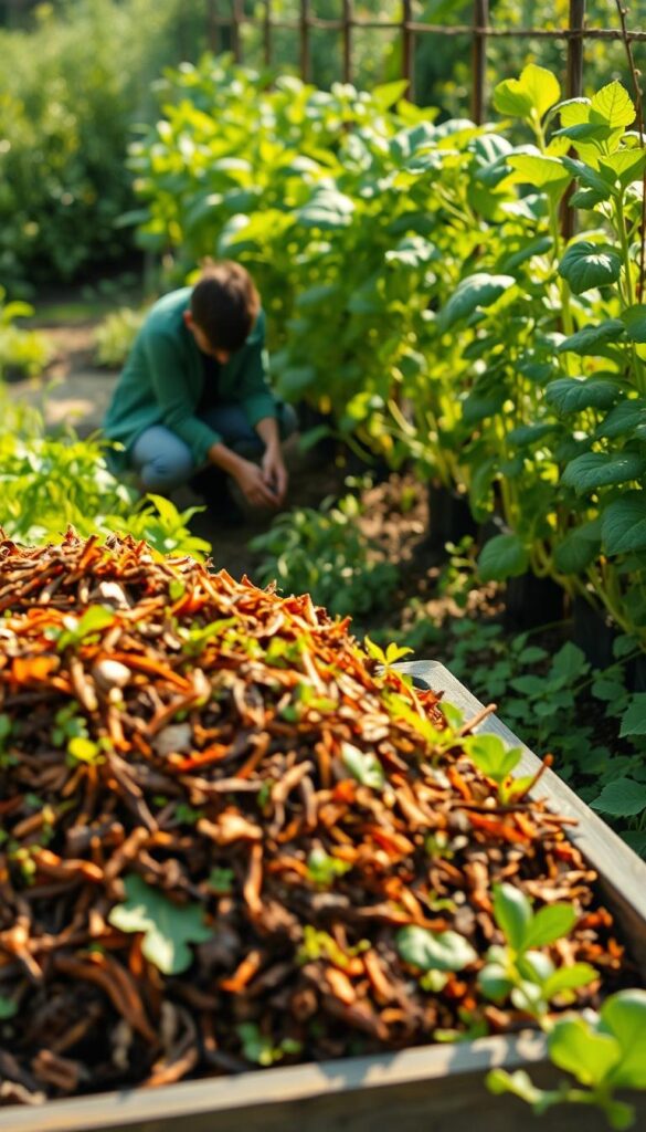 A lush, verdant garden setting in soft, natural lighting. In the foreground, a compost bin overflows with vibrant organic matter, its rich, earthy tones contrasting with the surrounding greenery. In the middle ground, a person kneels, carefully tending to the compost, their hands immersed in the nutrient-dense mixture. In the background, a row of thriving vegetable plants, their leaves glistening with the benefits of the homemade compost. The scene conveys a sense of sustainability, self-sufficiency, and the economic advantages of harnessing nature's cycles to create a bountiful, cost-effective garden. A lush, verdant garden setting in soft, natural lighting. In the foreground, a compost bin overflows with vibrant organic matter, its rich, earthy tones contrasting with the surrounding greenery. In the middle ground, a person kneels, carefully tending to the compost, their hands immersed in the nutrient-dense mixture. In the background, a row of thriving vegetable plants, their leaves glistening with the benefits of the homemade compost. The scene conveys a sense of sustainability, self-sufficiency, and the economic advantages of harnessing nature's cycles to create a bountiful, cost-effective garden.