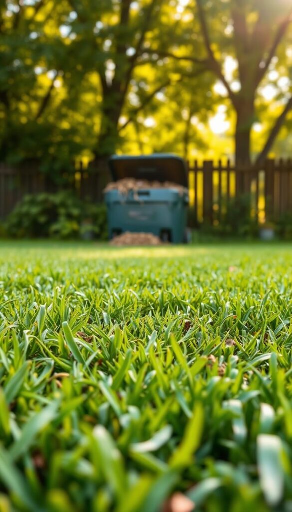 A lush, verdant lawn lies in the foreground, freshly mowed and dotted with vibrant green clippings. In the middle ground, a compost bin stands, its open lid revealing a rich, earthy mixture. Sunlight filters through the canopy of trees in the background, casting a warm, natural glow over the scene. The image conveys the benefits of recycling grass clippings: nourishing the soil, reducing waste, and promoting a thriving, sustainable lawn. Subtle camera angles and a shallow depth of field create a sense of depth and focus, drawing the viewer's attention to the composting process at the heart of the image. A lush, verdant lawn lies in the foreground, freshly mowed and dotted with vibrant green clippings. In the middle ground, a compost bin stands, its open lid revealing a rich, earthy mixture. Sunlight filters through the canopy of trees in the background, casting a warm, natural glow over the scene. The image conveys the benefits of recycling grass clippings: nourishing the soil, reducing waste, and promoting a thriving, sustainable lawn. Subtle camera angles and a shallow depth of field create a sense of depth and focus, drawing the viewer's attention to the composting process at the heart of the image.