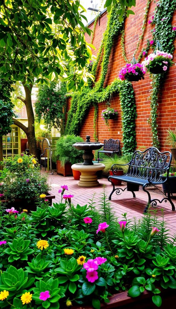 A lush, verdant urban garden scene. In the foreground, vibrant flowers and leafy plants thrive in raised planter beds. A wrought-iron bench stands invitingly, flanked by potted succulents. The middle ground features a brick patio with a stone fountain, its gentle trickle providing soothing ambiance. In the background, a brick wall is adorned with cascading vines and hanging baskets overflowing with blooms. Dappled sunlight filters through the foliage, casting a warm, welcoming glow. The overall atmosphere conveys a sense of tranquility and urban oasis, showcasing the beauty and charm of a thriving city garden. A lush, verdant urban garden scene. In the foreground, vibrant flowers and leafy plants thrive in raised planter beds. A wrought-iron bench stands invitingly, flanked by potted succulents. The middle ground features a brick patio with a stone fountain, its gentle trickle providing soothing ambiance. In the background, a brick wall is adorned with cascading vines and hanging baskets overflowing with blooms. Dappled sunlight filters through the foliage, casting a warm, welcoming glow. The overall atmosphere conveys a sense of tranquility and urban oasis, showcasing the beauty and charm of a thriving city garden.