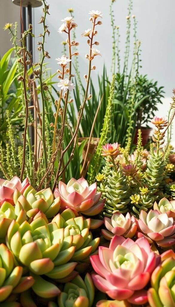 A lush, vibrant display of succulent plants thriving in a bright, airy urban garden. The foreground features an array of plump, velvety rosettes in a variety of shapes and hues, from deep green to blushing pink. The middle ground showcases tall, architectural stems supporting delicate, otherworldly blooms. Trailing tendrils and cascading leaves create a visually captivating arrangement. Soft, natural lighting filters through the scene, casting gentle shadows and highlights that accentuate the plants' intricate textures. The background hints at a minimalist, contemporary setting, allowing the succulents to take center stage. An image that embodies the beauty, resilience, and effortless care of these remarkable, low-maintenance plants. A lush, vibrant display of succulent plants thriving in a bright, airy urban garden. The foreground features an array of plump, velvety rosettes in a variety of shapes and hues, from deep green to blushing pink. The middle ground showcases tall, architectural stems supporting delicate, otherworldly blooms. Trailing tendrils and cascading leaves create a visually captivating arrangement. Soft, natural lighting filters through the scene, casting gentle shadows and highlights that accentuate the plants' intricate textures. The background hints at a minimalist, contemporary setting, allowing the succulents to take center stage. An image that embodies the beauty, resilience, and effortless care of these remarkable, low-maintenance plants.