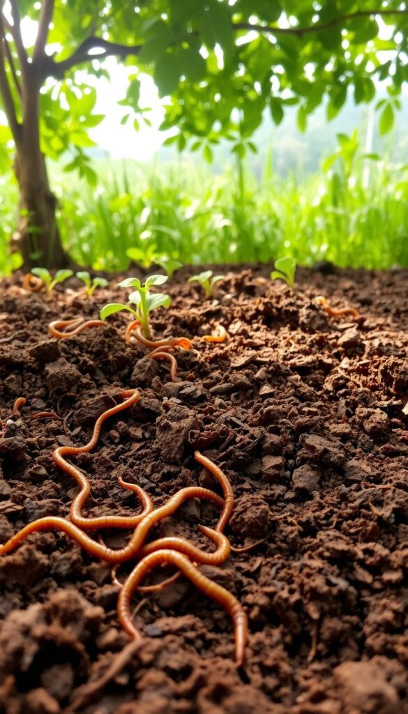 A lush, vibrant garden soil, teeming with organic matter and healthy microbes. In the foreground, earthworms burrow through the rich, dark loam, aerating and nourishing the earth. Overhead, a canopy of verdant vegetation casts a soft, natural light, illuminating the intricate web of roots and soil life. The middle ground showcases the vibrant, crumbly texture of the well-structured soil, its improved porosity and water-holding capacity evident. In the background, a verdant landscape of thriving plants and crops, a testament to the revitalized fertility of the soil. The scene conveys a sense of abundance, balance, and the dynamic interplay between living organisms and the soil they call home. A lush, vibrant garden soil, teeming with organic matter and healthy microbes. In the foreground, earthworms burrow through the rich, dark loam, aerating and nourishing the earth. Overhead, a canopy of verdant vegetation casts a soft, natural light, illuminating the intricate web of roots and soil life. The middle ground showcases the vibrant, crumbly texture of the well-structured soil, its improved porosity and water-holding capacity evident. In the background, a verdant landscape of thriving plants and crops, a testament to the revitalized fertility of the soil. The scene conveys a sense of abundance, balance, and the dynamic interplay between living organisms and the soil they call home.