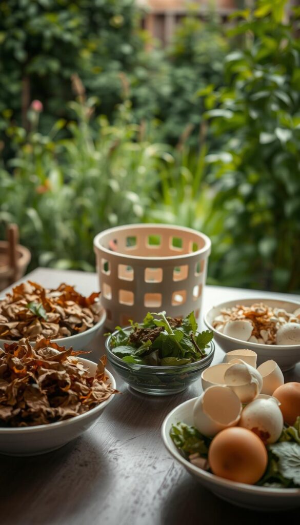 A neatly arranged table showcasing the essential components for a homemade compost pile. In the foreground, various organic materials such as dried leaves, vegetable scraps, and eggshells are displayed in separate bowls. The middle ground features a small compost bin or container, its structure visible with a partially open lid. In the background, a lush, verdant garden setting provides a natural backdrop, with soft, diffused lighting creating a warm, inviting atmosphere. The image should convey a sense of simplicity, sustainability, and the practical aspects of creating a thriving home composting system. A neatly arranged table showcasing the essential components for a homemade compost pile. In the foreground, various organic materials such as dried leaves, vegetable scraps, and eggshells are displayed in separate bowls. The middle ground features a small compost bin or container, its structure visible with a partially open lid. In the background, a lush, verdant garden setting provides a natural backdrop, with soft, diffused lighting creating a warm, inviting atmosphere. The image should convey a sense of simplicity, sustainability, and the practical aspects of creating a thriving home composting system.