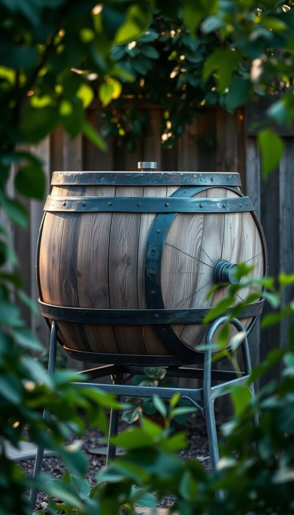 A rustic and earthy compost tumbler rotating gently in a serene backyard setting. The wooden barrel sits atop a metal frame, its surface weathered and textured. Lush green foliage frames the scene, hinting at a well-tended garden. Soft, diffused natural lighting casts a warm glow, conveying a sense of tranquility. The compact, cylindrical design of the composter suggests an efficient, low-maintenance composting solution for the home gardener. The overall composition emphasizes the simplicity and practicality of this eco-friendly method of organic waste management. A rustic and earthy compost tumbler rotating gently in a serene backyard setting. The wooden barrel sits atop a metal frame, its surface weathered and textured. Lush green foliage frames the scene, hinting at a well-tended garden. Soft, diffused natural lighting casts a warm glow, conveying a sense of tranquility. The compact, cylindrical design of the composter suggests an efficient, low-maintenance composting solution for the home gardener. The overall composition emphasizes the simplicity and practicality of this eco-friendly method of organic waste management.