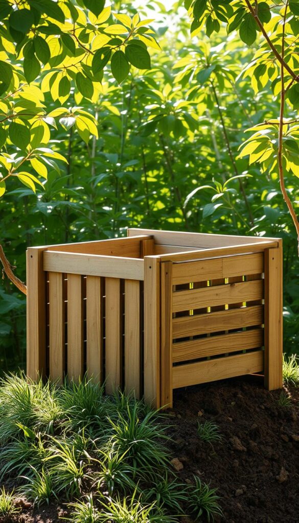 A rustic, handcrafted home compost bin set against a lush, verdant backdrop. The wooden structure features a slatted design, allowing for optimal air flow and drainage. Sunlight filters through the leaves of surrounding plants, casting a warm, natural glow. The compost bin sits atop a grassy knoll, blending seamlessly with the earthy, organic environment. Textured details, such as the weathered wood grain and the rich, loamy soil, add depth and authenticity to the scene. The overall composition evokes a sense of sustainable, eco-friendly living, perfectly suited to illustrate a guide on building a homemade compost bin. A rustic, handcrafted home compost bin set against a lush, verdant backdrop. The wooden structure features a slatted design, allowing for optimal air flow and drainage. Sunlight filters through the leaves of surrounding plants, casting a warm, natural glow. The compost bin sits atop a grassy knoll, blending seamlessly with the earthy, organic environment. Textured details, such as the weathered wood grain and the rich, loamy soil, add depth and authenticity to the scene. The overall composition evokes a sense of sustainable, eco-friendly living, perfectly suited to illustrate a guide on building a homemade compost bin.