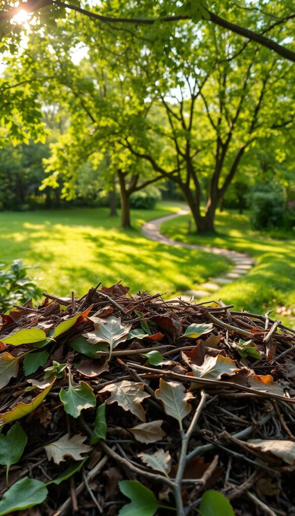 A serene garden scene depicting the natural composting process. In the foreground, layers of organic matter - fallen leaves, vegetable scraps, and twigs - are artfully arranged, showcasing the stages of decomposition. Sunlight filters through the canopy of lush, verdant trees in the middle ground, casting a warm, earthy glow. In the background, a winding path meanders through the verdant landscape, inviting the viewer to explore the intricate cycle of life and decay. The overall atmosphere is one of tranquility and wonder, capturing the essence of the natural composting journey. A serene garden scene depicting the natural composting process. In the foreground, layers of organic matter - fallen leaves, vegetable scraps, and twigs - are artfully arranged, showcasing the stages of decomposition. Sunlight filters through the canopy of lush, verdant trees in the middle ground, casting a warm, earthy glow. In the background, a winding path meanders through the verdant landscape, inviting the viewer to explore the intricate cycle of life and decay. The overall atmosphere is one of tranquility and wonder, capturing the essence of the natural composting journey.
