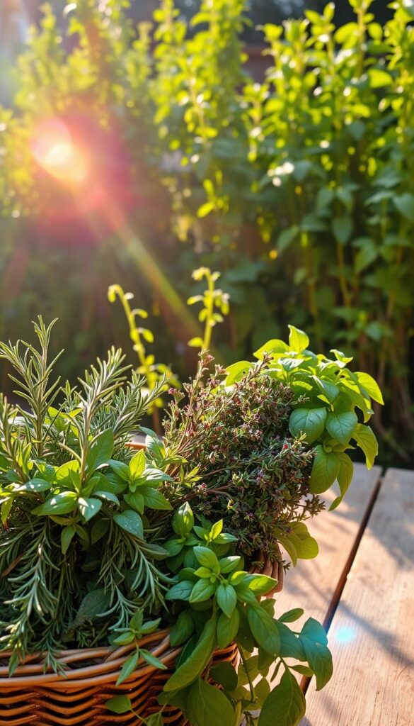 A sun-dappled garden scene, the warm glow of the afternoon light casting a gentle radiance over a carefully curated assortment of aromatic herbs. In the foreground, a wicker basket overflows with vibrant, freshly harvested sprigs of rosemary, thyme, and basil, their leaves glistening with morning dew. In the middle ground, a wooden table stands, showcasing the bountiful harvest, the herbs arranged in a visually striking display. The background features a lush, verdant backdrop of flourishing herb plants, their verdant foliage swaying gently in the breeze. The overall atmosphere exudes a sense of tranquility and the joy of a successful, mindful herb-gathering. A sun-dappled garden scene, the warm glow of the afternoon light casting a gentle radiance over a carefully curated assortment of aromatic herbs. In the foreground, a wicker basket overflows with vibrant, freshly harvested sprigs of rosemary, thyme, and basil, their leaves glistening with morning dew. In the middle ground, a wooden table stands, showcasing the bountiful harvest, the herbs arranged in a visually striking display. The background features a lush, verdant backdrop of flourishing herb plants, their verdant foliage swaying gently in the breeze. The overall atmosphere exudes a sense of tranquility and the joy of a successful, mindful herb-gathering.