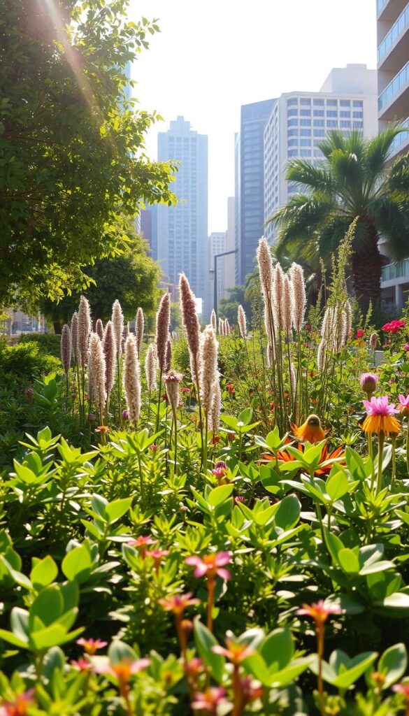 A thriving urban garden scene, with resilient and vibrant plantas resistentes filling the foreground. Sunlight filters through lush, verdant foliage, casting a warm, natural glow. In the middle ground, a diverse array of drought-tolerant, pollution-resistant plants stand tall, their colors and textures creating a visually striking composition. The background features the distinctive architecture of a modern city, blending seamlessly with the thriving greenery. The overall atmosphere conveys a sense of harmony and resilience, where nature and urban life coexist in perfect balance. A thriving urban garden scene, with resilient and vibrant plantas resistentes filling the foreground. Sunlight filters through lush, verdant foliage, casting a warm, natural glow. In the middle ground, a diverse array of drought-tolerant, pollution-resistant plants stand tall, their colors and textures creating a visually striking composition. The background features the distinctive architecture of a modern city, blending seamlessly with the thriving greenery. The overall atmosphere conveys a sense of harmony and resilience, where nature and urban life coexist in perfect balance.