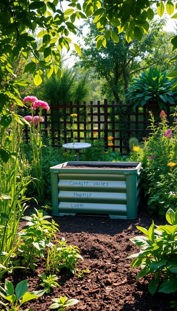 A tranquil garden scene with an idyllic composting area in the foreground. The compost bin is situated on a bed of rich, dark soil, surrounded by lush greenery. Tall, vibrant plants and flowers frame the setting, creating a natural, inviting atmosphere. Dappled sunlight filters through the overhead foliage, casting a warm, gentle glow across the scene. The composition emphasizes the harmony between the composting area and the thriving garden, showcasing the ideal conditions for successful composting. The image conveys a sense of balance, sustainability, and the beauty that can arise from responsible gardening practices. A tranquil garden scene with an idyllic composting area in the foreground. The compost bin is situated on a bed of rich, dark soil, surrounded by lush greenery. Tall, vibrant plants and flowers frame the setting, creating a natural, inviting atmosphere. Dappled sunlight filters through the overhead foliage, casting a warm, gentle glow across the scene. The composition emphasizes the harmony between the composting area and the thriving garden, showcasing the ideal conditions for successful composting. The image conveys a sense of balance, sustainability, and the beauty that can arise from responsible gardening practices.