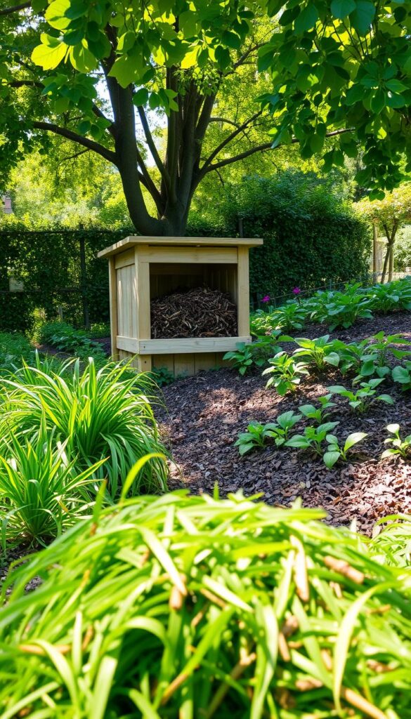 A verdant garden scene, showcasing the techniques of composting and mulching. In the foreground, a heap of freshly cut grass clippings is neatly arranged, surrounded by lush, healthy plants. In the middle ground, a wooden compost bin stands, its contents in various stages of decomposition, emitting the earthy aroma of nutrient-rich soil. In the background, a well-tended vegetable patch is blanketed with a thick layer of mulch, retaining moisture and suppressing weeds. Dappled sunlight filters through the canopy of trees, casting a warm, natural glow over the entire scene. The overall atmosphere conveys a sense of sustainability, harmony, and the beauty of nature's cycles. A verdant garden scene, showcasing the techniques of composting and mulching. In the foreground, a heap of freshly cut grass clippings is neatly arranged, surrounded by lush, healthy plants. In the middle ground, a wooden compost bin stands, its contents in various stages of decomposition, emitting the earthy aroma of nutrient-rich soil. In the background, a well-tended vegetable patch is blanketed with a thick layer of mulch, retaining moisture and suppressing weeds. Dappled sunlight filters through the canopy of trees, casting a warm, natural glow over the entire scene. The overall atmosphere conveys a sense of sustainability, harmony, and the beauty of nature's cycles.